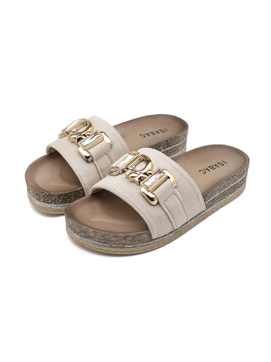 Sandalo platform ISABAC, tomaia in materiale sintetico con cinturini impreziositi da fibbie oro e dettagli gioiello.

Dettagli prodotto
• Made in China
• Materiali: Vegano (Materiali sintetici)