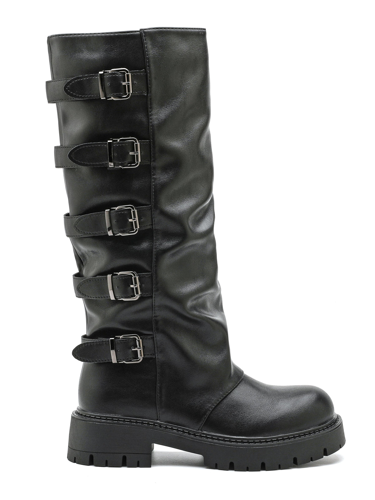 Stivale alto biker in ecopelle, suola spessa e cinque fibbie laterali.

Dettagli prodotto
• Made in China
• Materiali: Vegano (Materiali sintetici)