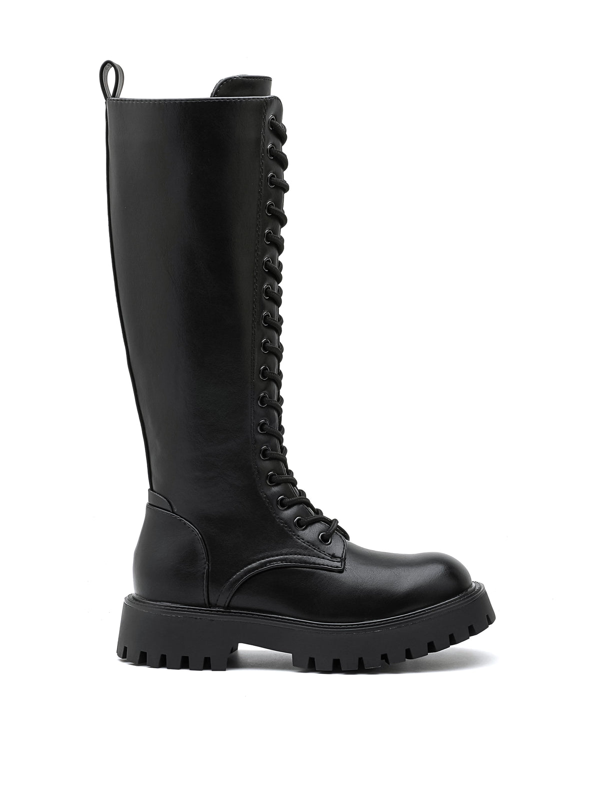 Stivale combat ISABAC alto, ecopelle nera, stringato, suola carrarmato spessa, zip laterale; design contemporaneo.

Dettagli prodotto
• Made in China
• Materiali: Vegano (Materiali sintetici)