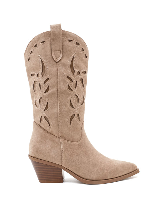 Stivale Texano Cowboy ISABAC in ecopelle scamosciata, punta affusolata, tacco medio, dettagli traforati a foglia.

Dettagli prodotto
• Made in China
• Materiali: Vegano (Materiali sintetici)