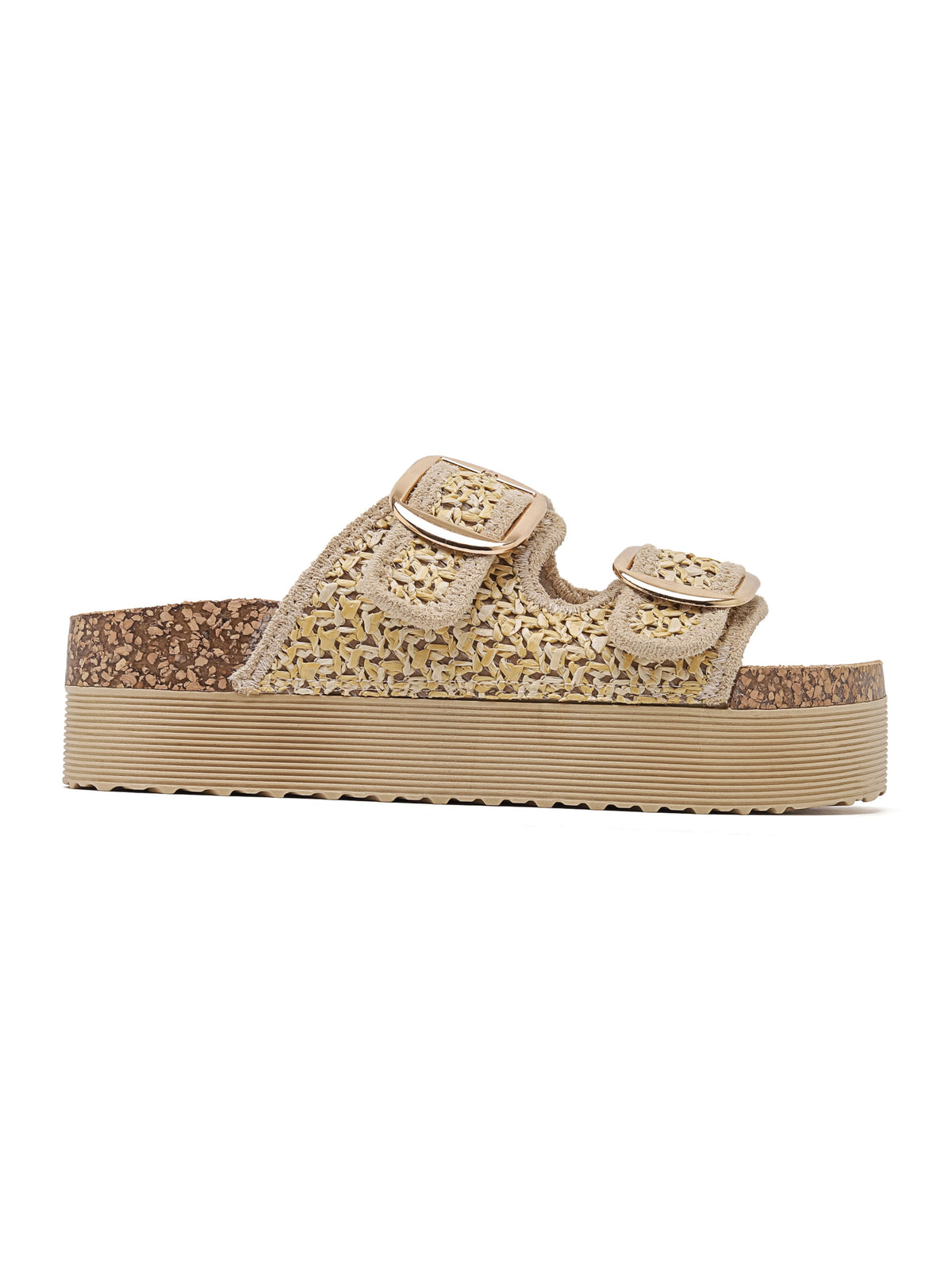 Sandalo con plateau, caratterizzato da un design in rafia intrecciato, doppia chiusura e suola in sughero.