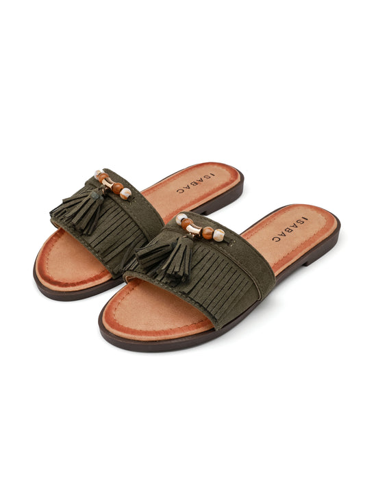 Sandali slide ISABAC, realizzati con dettagli in frange, nappine e cintura decorata con perline.

Dettagli prodotto
• Made in China
• Materiali: Vegano (Materiali sintetici)